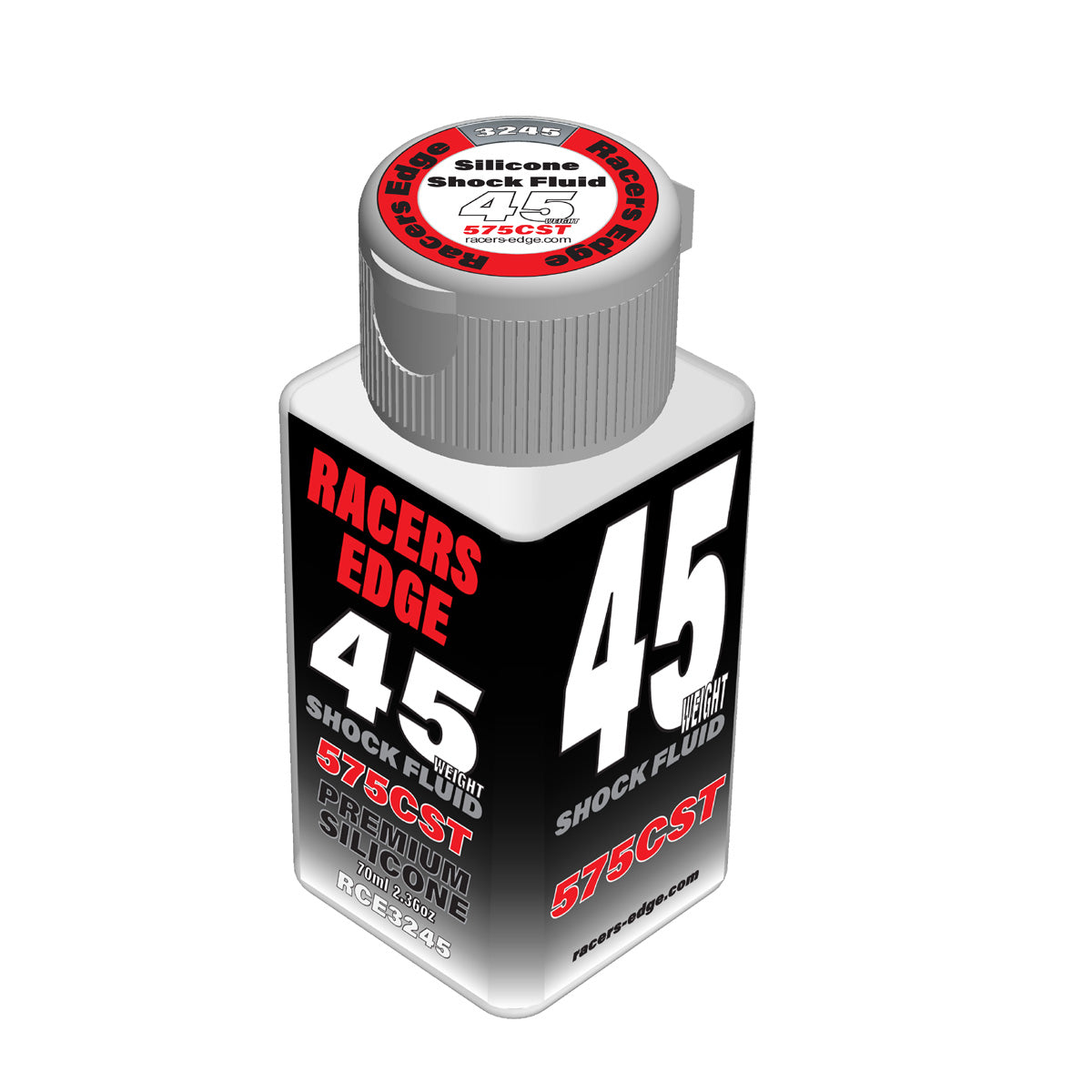 RC Car Racer's Edge Pure Silicone Shock Oil 2.36oz bottle with black cap and clear label for RC vehicle suspension maintenance