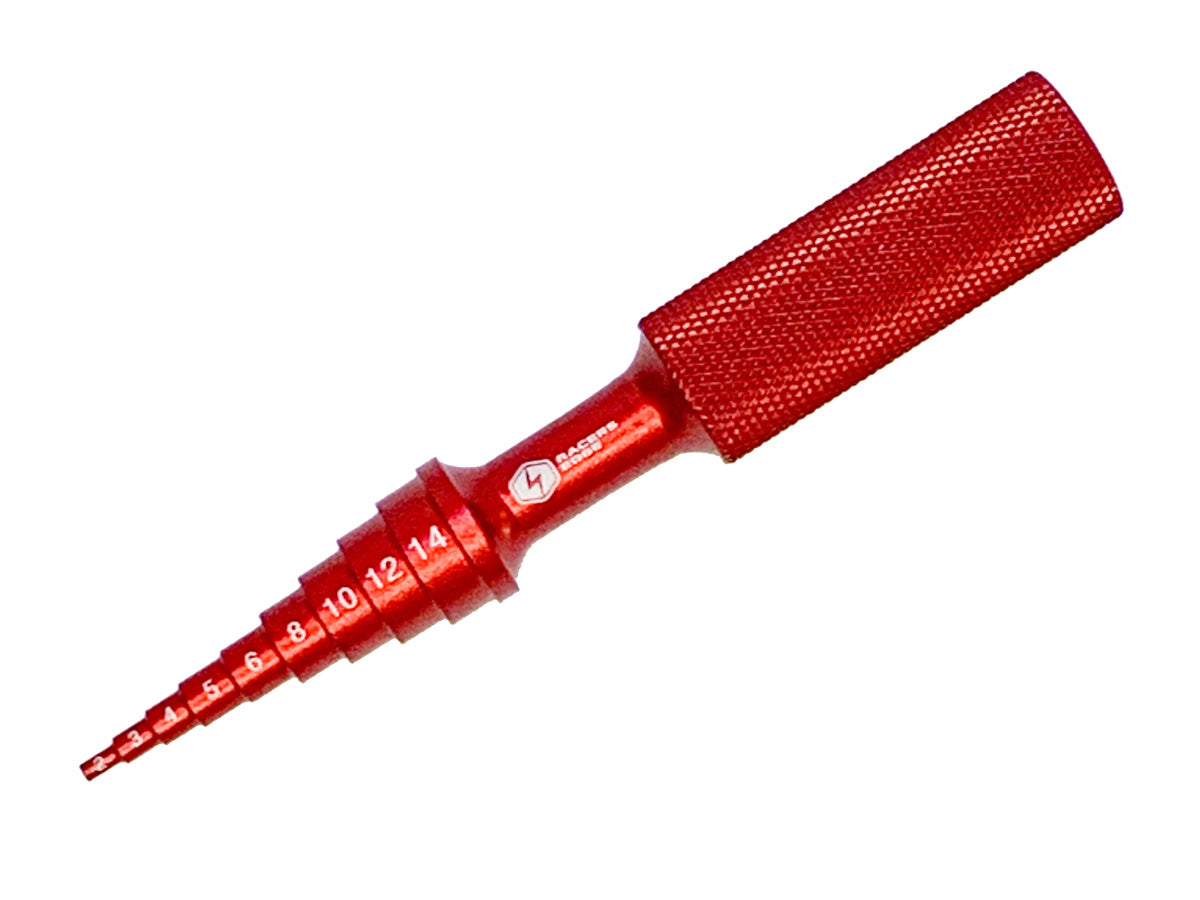 Racers Edge aluminum bearing meter and press for RC car maintenance, with precision tools and ergonomic handle.