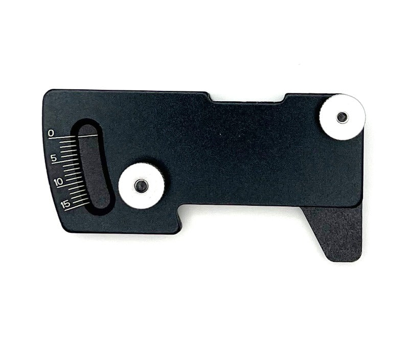 Racers Edge aluminum RC car ride height and camber gauge, precision tool for adjusting RC car suspension settings.