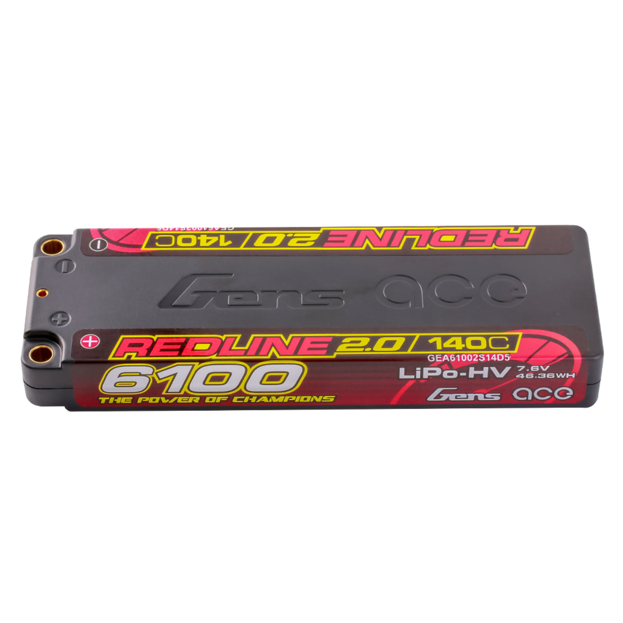 Gens Ace Redline 2.0 6100mAh 2S 140C HV LiPo battery for RC vehicles, featuring red and black design with branding labels