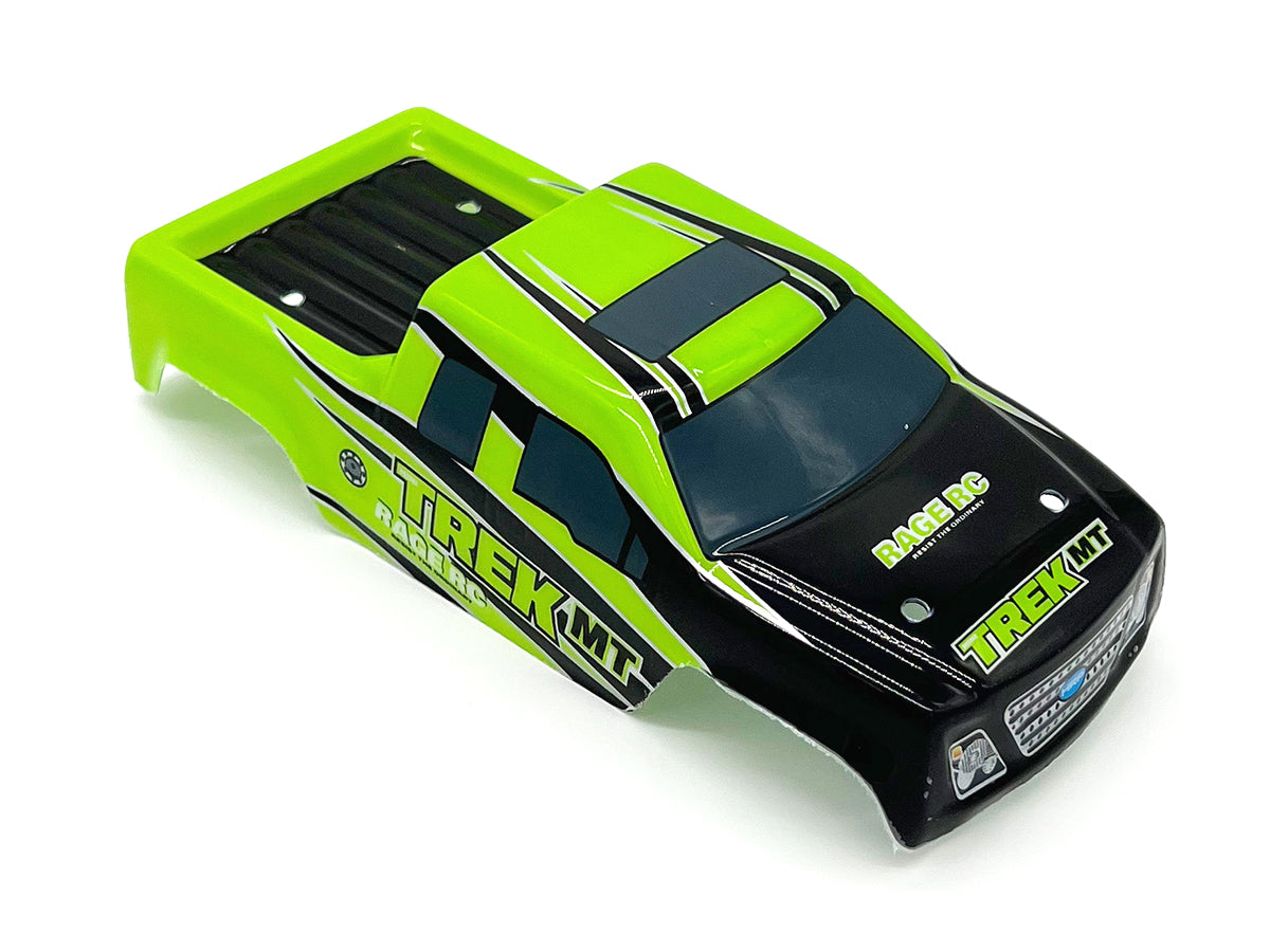 Green Rage RC Mini Trek MT Lexan body for RC trucks, lightweight and durable with detailed graphics.
