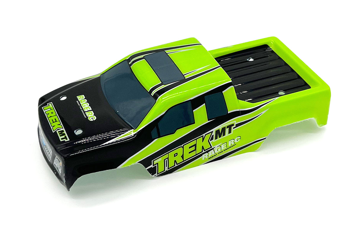 Green Rage RC Mini Trek MT Lexan body for RC trucks, showcasing the detailed, lightweight, and durable design.