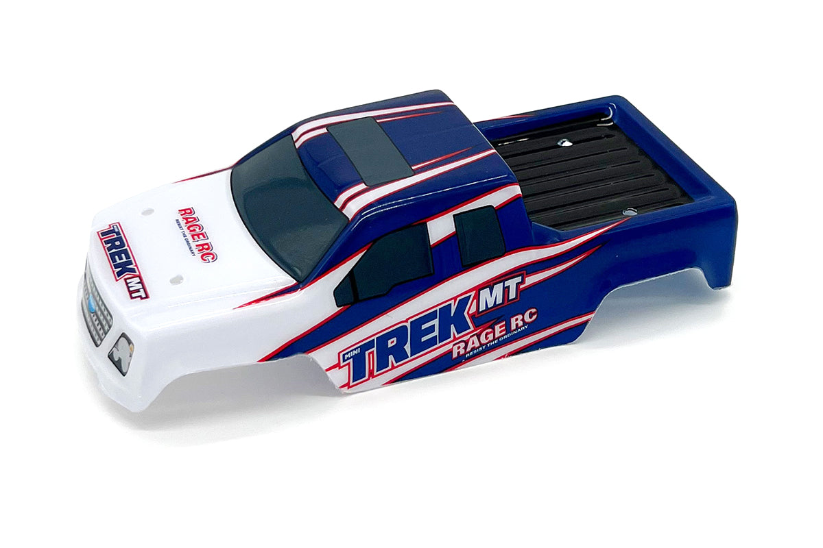 Blue Lexan body for Rage RC Mini Trek MT RC truck, showcasing sleek design and vibrant color for off-road racing.