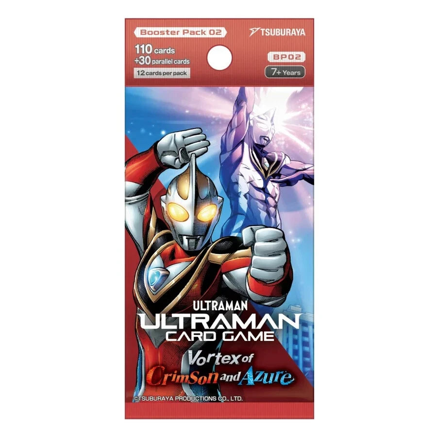 Ultraman TCG Vortex of Crimson and Azure booster pack with collectible trading cards featuring Ultraman characters, brand Tsuburaya.