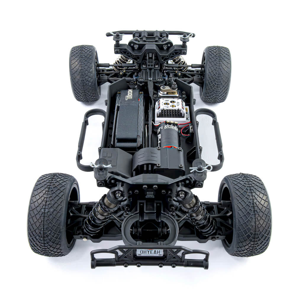 Rear top view of Tekno SCT410 2.0 1/10th scale 4x4 short course truck kit, showcasing the vehicle's rear chassis and suspension components.