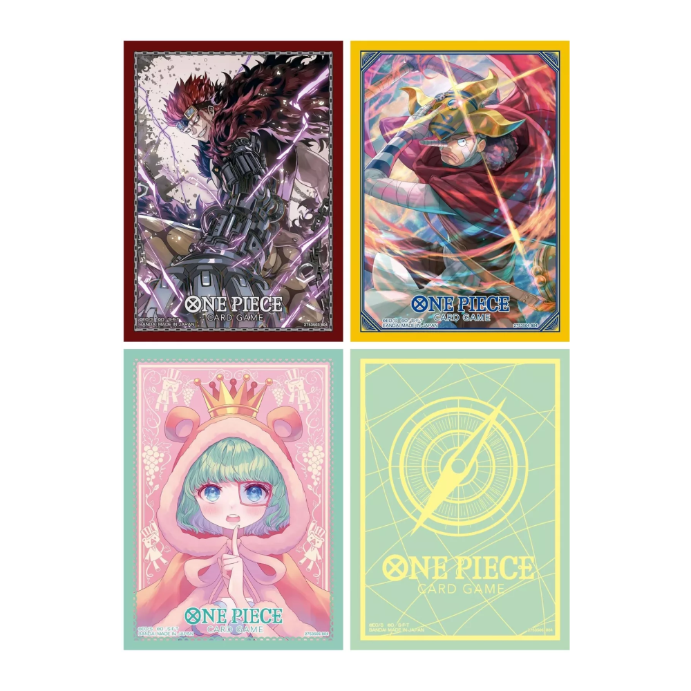 Bandai One Piece TCG official card sleeves set of 9 with colorful character artwork on protective sleeves.