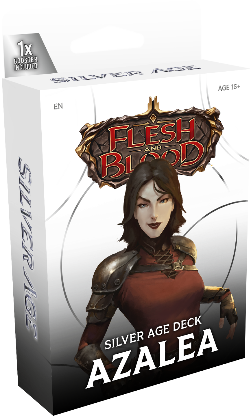 Flesh and Blood Silver Age Chapter 2 starter deck of collectible trading cards by Legends Story Studios, featuring Azalea on the card.