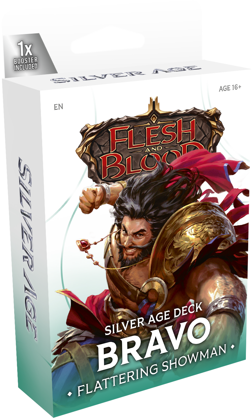 Collectible trading card deck from Flesh and Blood Silver Age Chapter 1 by Legends Story Studios, featuring character artwork on the cards.