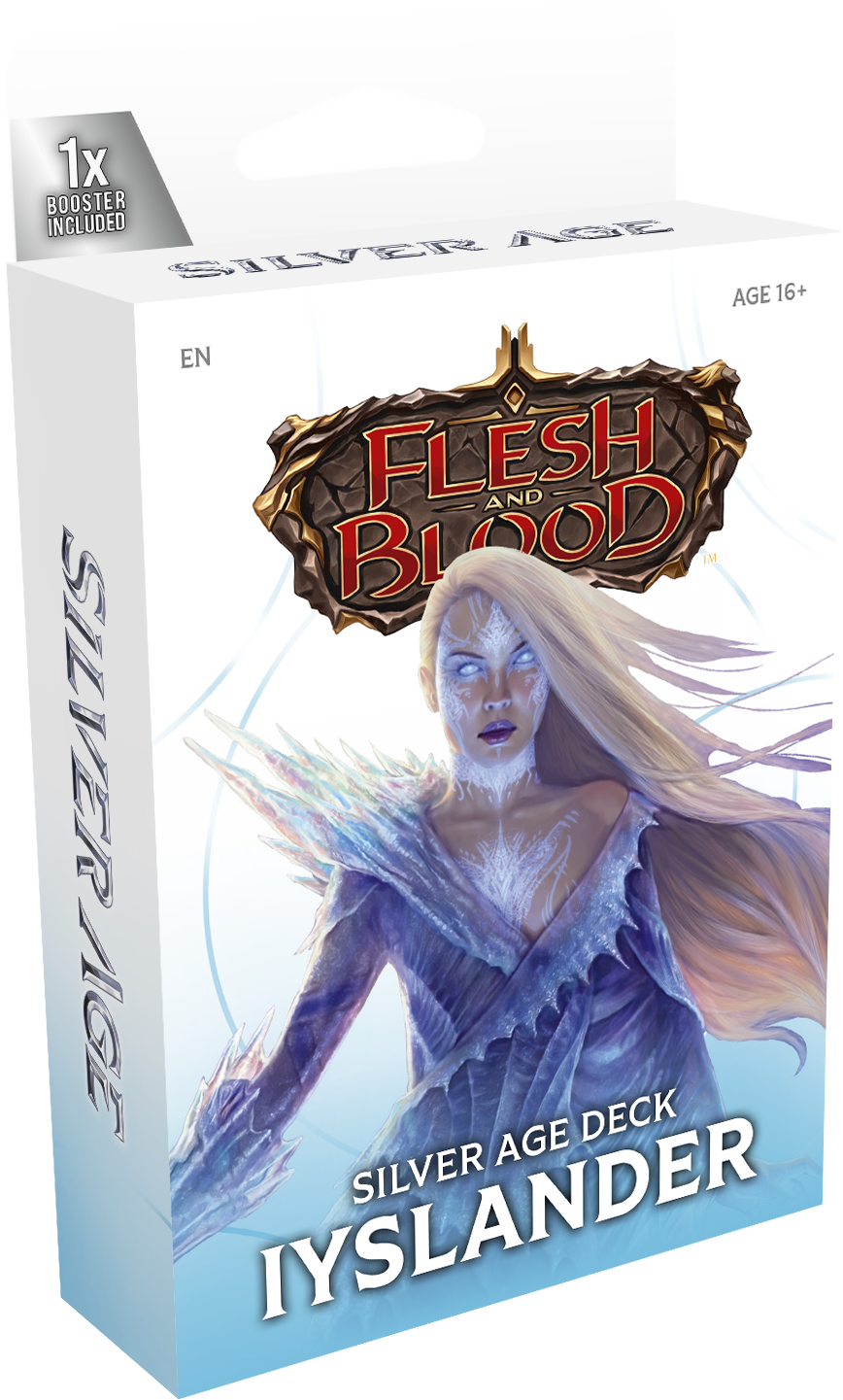Flesh and Blood Silver Age Chapter 1 Starter Decks collectible trading cards by Legends Story Studios, featuring character artwork and game cards.