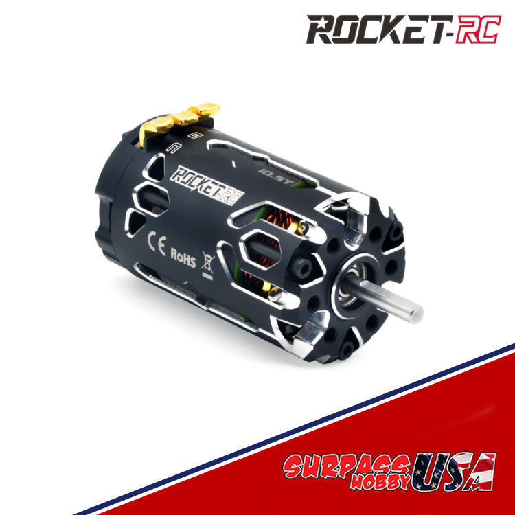 Surpass Hobby Rocket-RC Supersonic 380 sensored brushless motor for RC cars, shown in close-up with detailed wiring and branding.