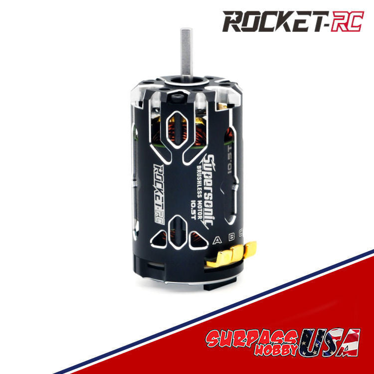 Surpass Hobby Rocket-RC Supersonic 380 sensored brushless motor for RC cars, mounted on a vehicle with wires and electronic components.