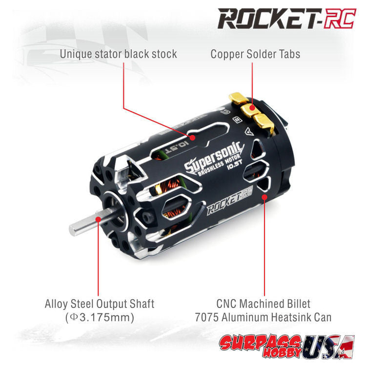 Surpass Hobby Rocket-RC Supersonic 380 sensored brushless motor for RC cars, shown mounted in a racing vehicle.