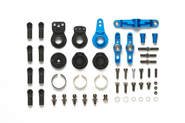 Tamiya TT-02 aluminum steering upgrade parts, showing detailed metal components for RC car steering system.