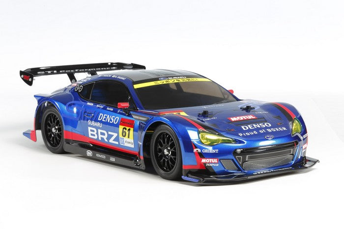 Tamiya TT-02 Subaru BRZ R&D Sport 2014 RC car kit with detailed body and chassis, displayed on a white background.