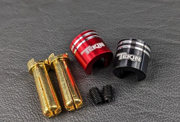 Pair of Team Tekin 5mm bullets with 90-degree heatsinks for RC car electronic connections, shown in black with metal tips.