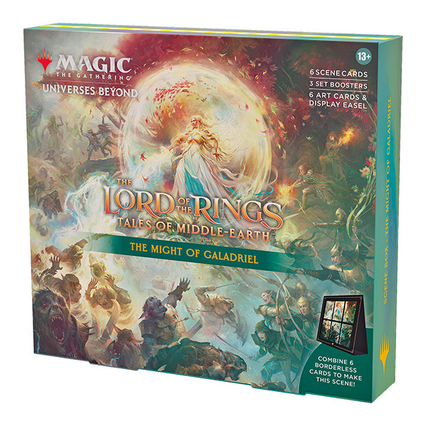 Illustration from Wizards of the Coast Lord of the Rings Tales of Middle-Earth Scene Box featuring Galadriel wielding her might.