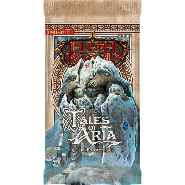 Flesh and Blood Tales of Aria Unlimited booster pack of collectible trading cards by Legends Story Studios, featuring vibrant card artwork.