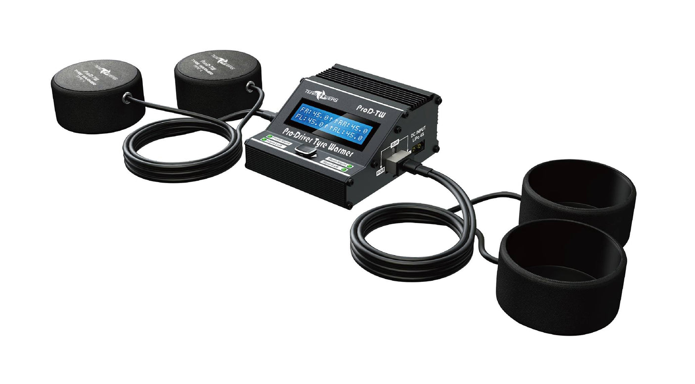 Team Powers Pro Driver RC Car Tire Warmer wrapped around racing tires, ready for optimal grip during remote control car races.