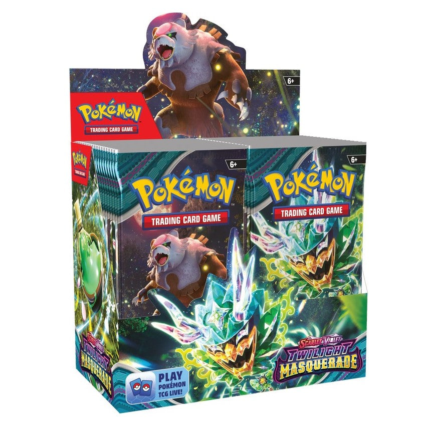Pokemon Twilight Masquerade Booster Box featuring colorful booster packs and artwork from the Pokemon trading card game.