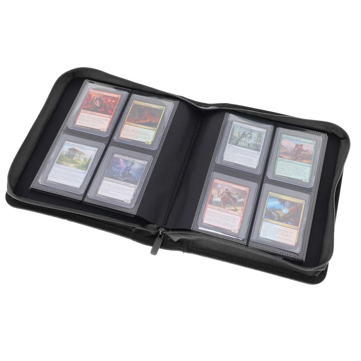 Open BCW Z-Folio 4-Pocket LX Toploaders binder with black cover and clear plastic pockets for collectible card storage