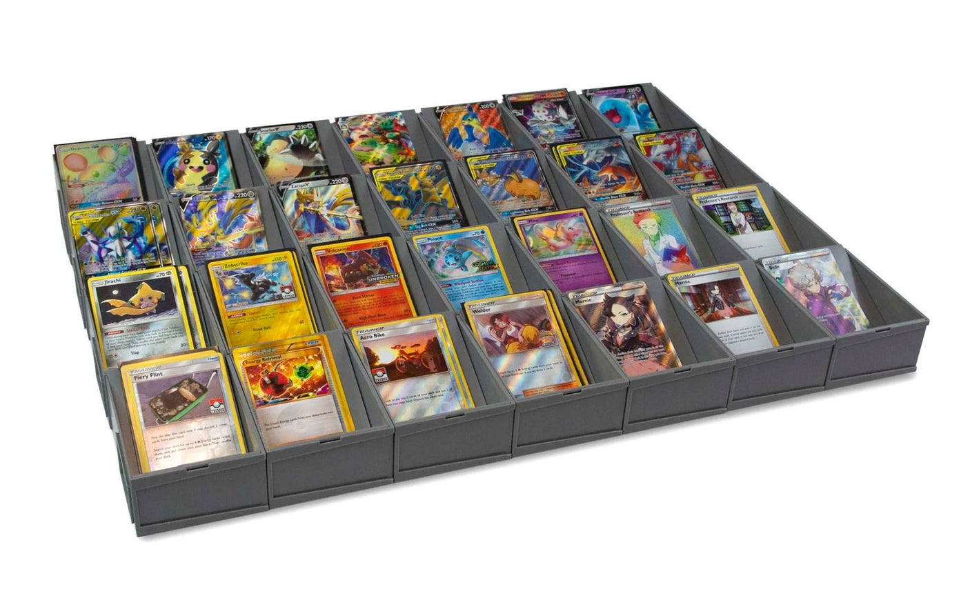 BCW Modular Sorting Tray with 6 cells for organizing collectible cards or small items, shown with Pokémon cards inside.