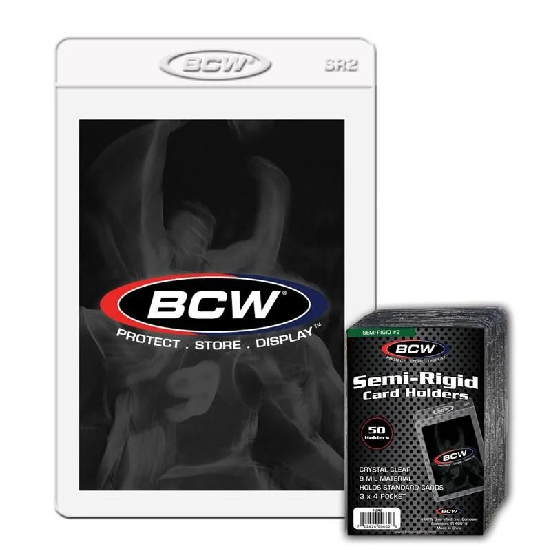 Semi-rigid card holder #2 by BCW, 50-pack, showing clear plastic protective cases for trading cards or collectibles.