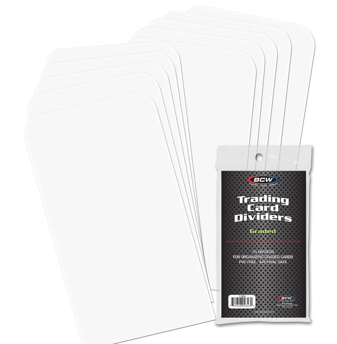 Set of 10 BCW graded trading card dividers with labeled tabs for organizing collectible cards.
