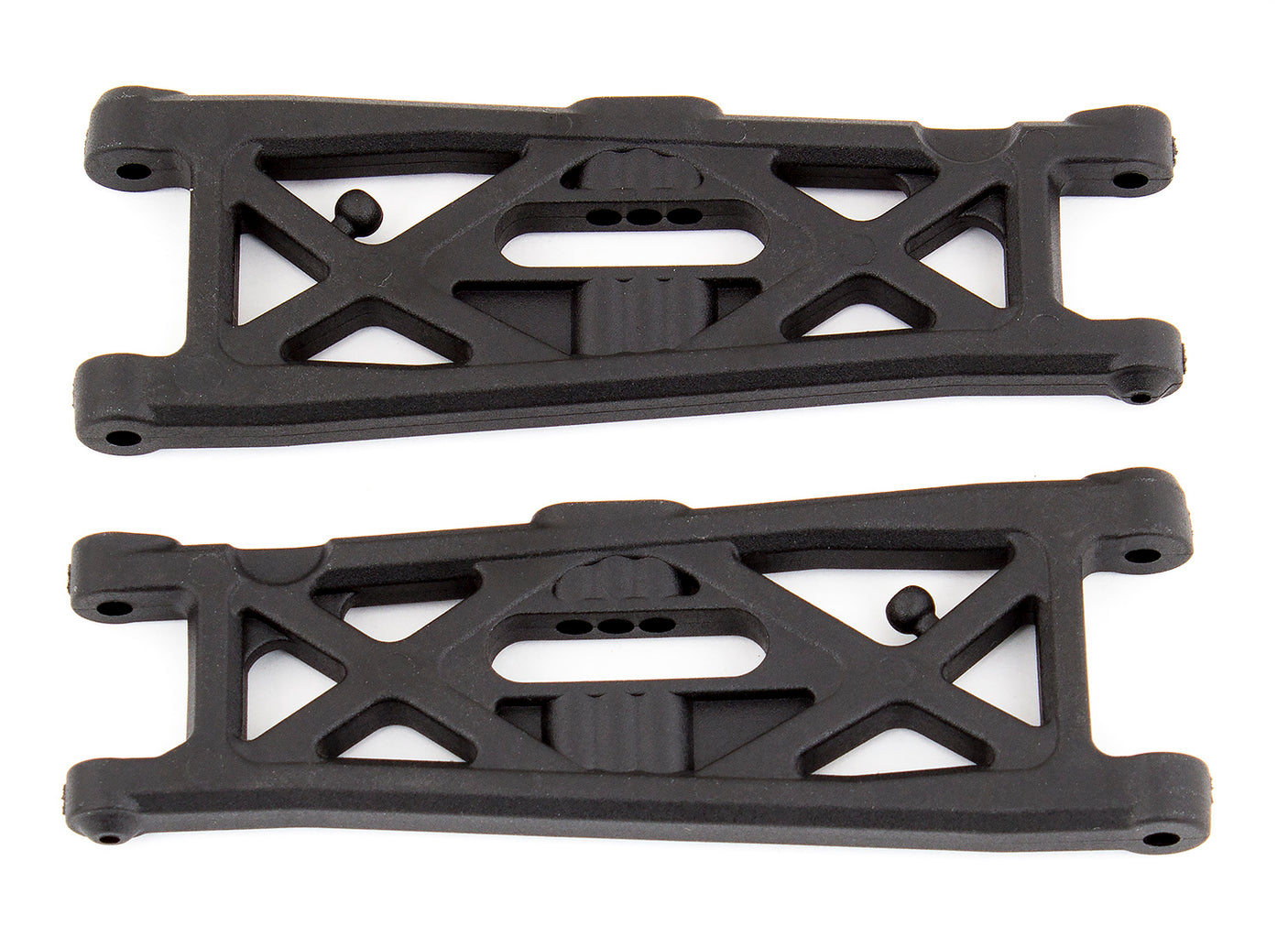 Team Associated RC10T6.1 front suspension arms with detailed metal components for remote control truck durability.