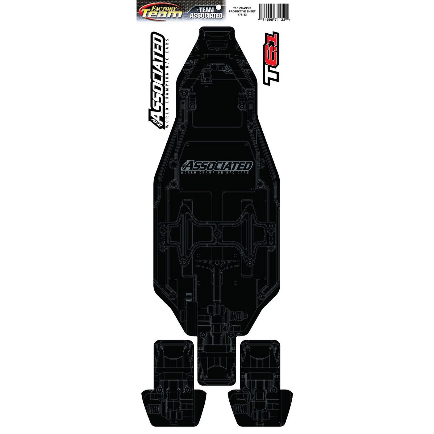 Printed chassis protective sheet for Team Associated T6.2 and T6.1 FT remote control car, shown in the image.
