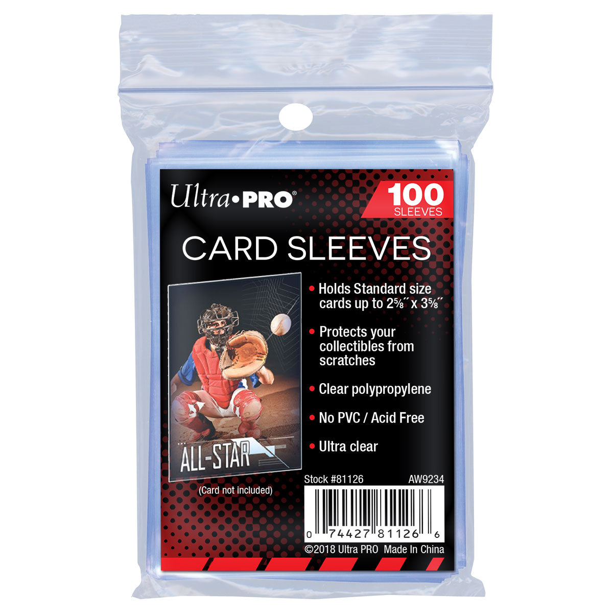 Ultra Pro standard card sleeves for trading cards, showing clear protective plastic sleeves in a 100-count pack.