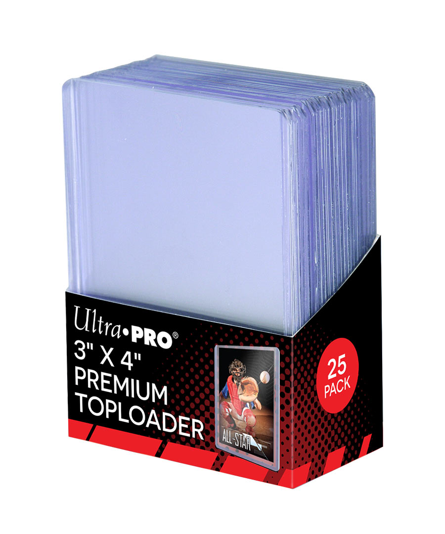 Ultra Pro 3x4 inch clear premium toploader for cards, 25 count, durable plastic card protector for collectibles.