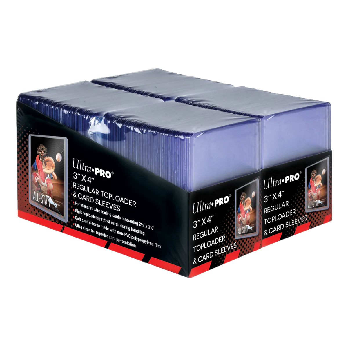 Ultra Pro 3x4 inch card toploaders and soft sleeves bundle, showing side view of protective card storage supplies.
