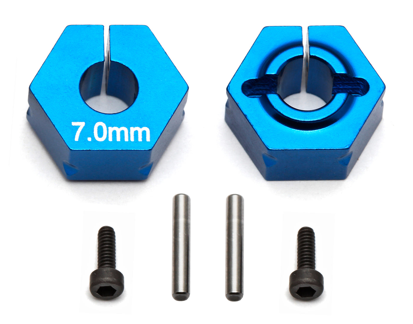 Team Associated RC car with FT clamping wheel hexes featuring 7.0 mm offset, visible on the wheel hub.
