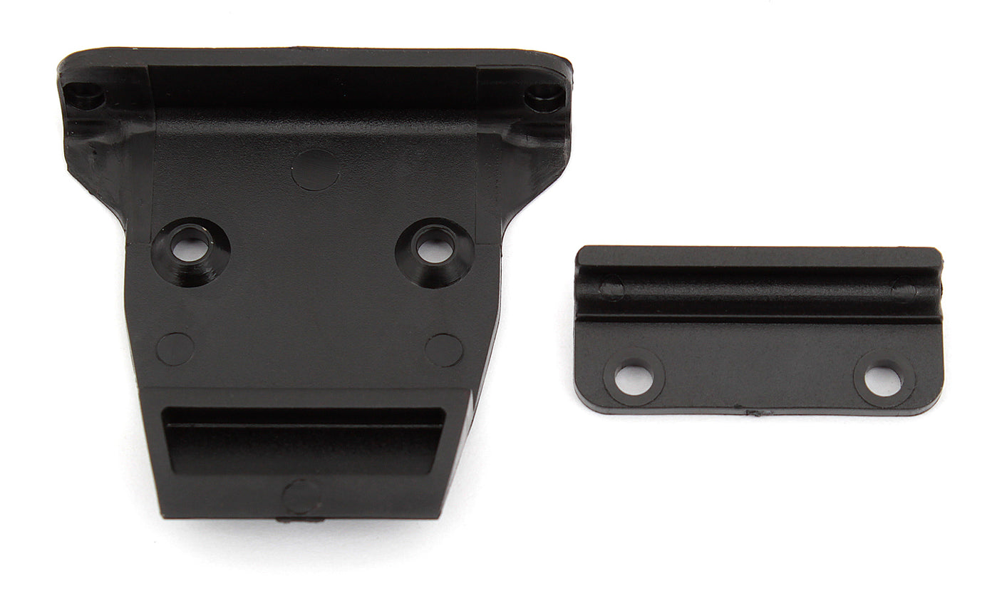 Team Associated RC10B6 RC car bumper, black plastic with mounting hardware, designed for durability and high-performance racing.
