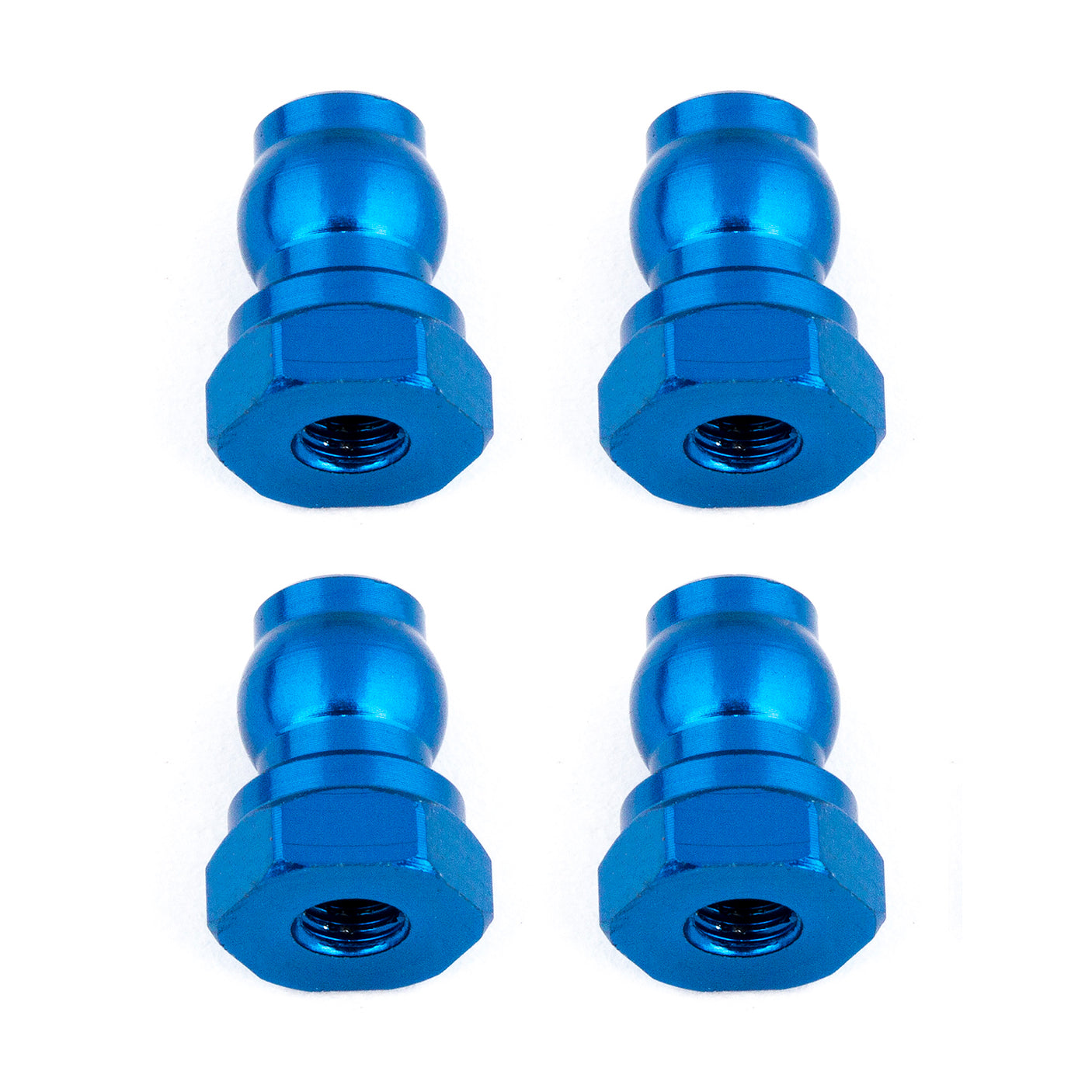 Blue aluminum shock bushings, 10 mm, by Team Associated, designed for RC car suspension upgrades.