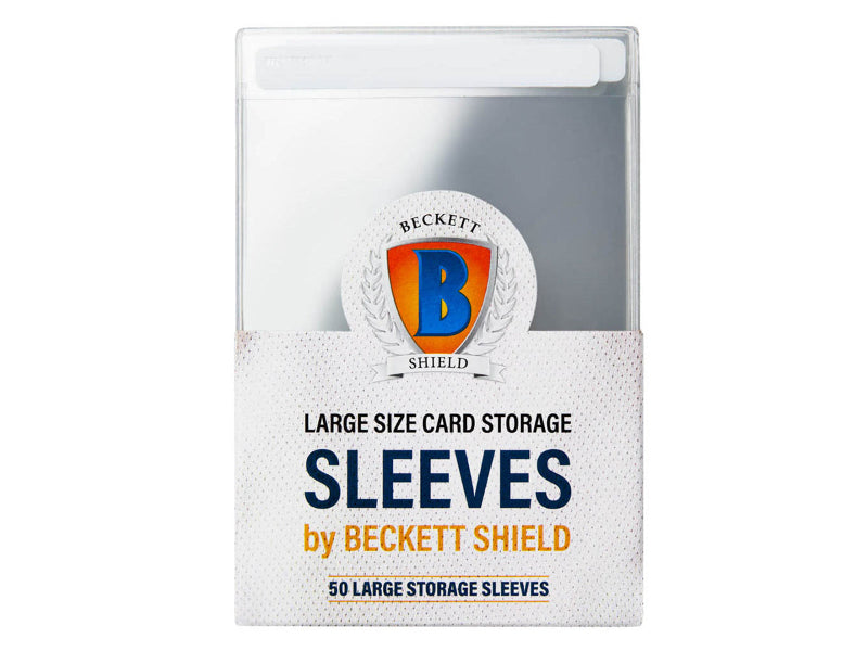 Beckett Shield large semi-rigid card sleeves for protecting trading cards, shown in a pack of 50.