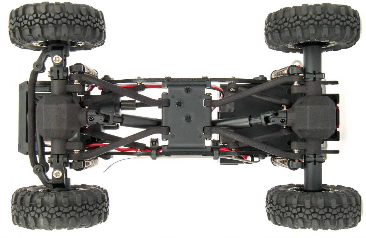 Element RC Enduro24 Sendero 1/24 RTR crawler with black and yellow body, showing the bottom bumper and chassis detail.