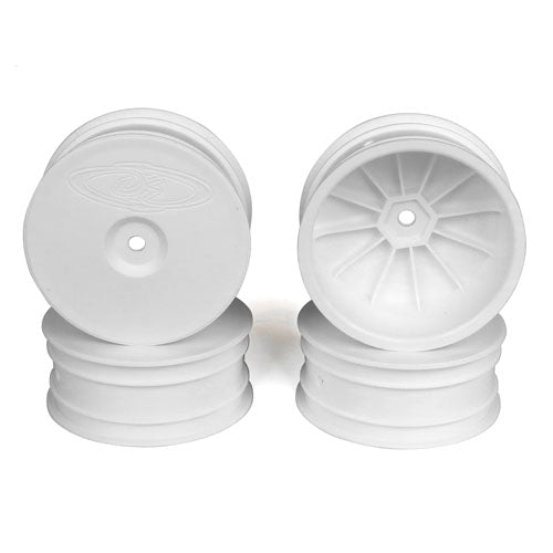 White DE Racing Speedline buggy front wheels for TLR 22X-4 and EB410 RC cars, featuring durable construction and detailed design.