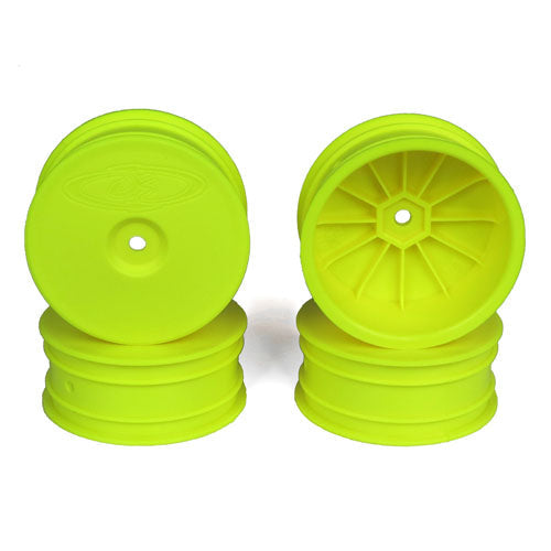 Yellow DE Racing Speedline Buggy front wheels for TLR 22X-4 and EB410 RC cars, with detailed tread pattern and lightweight design.