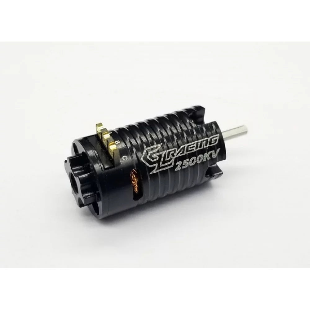GL Racing brushless sensorless motor GMM-001-2500 for RC cars, showing the compact, high-performance motor with cooling fins and wiring.