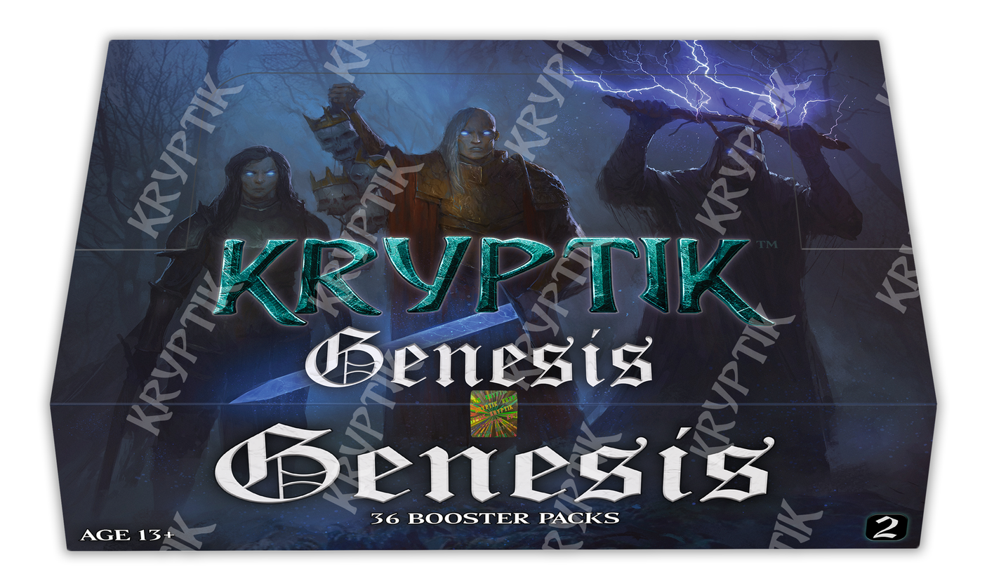 Kryptic TCG Genesis Booster Box featuring colorful card artwork and packaging for Kryptik TCG collectible trading card game