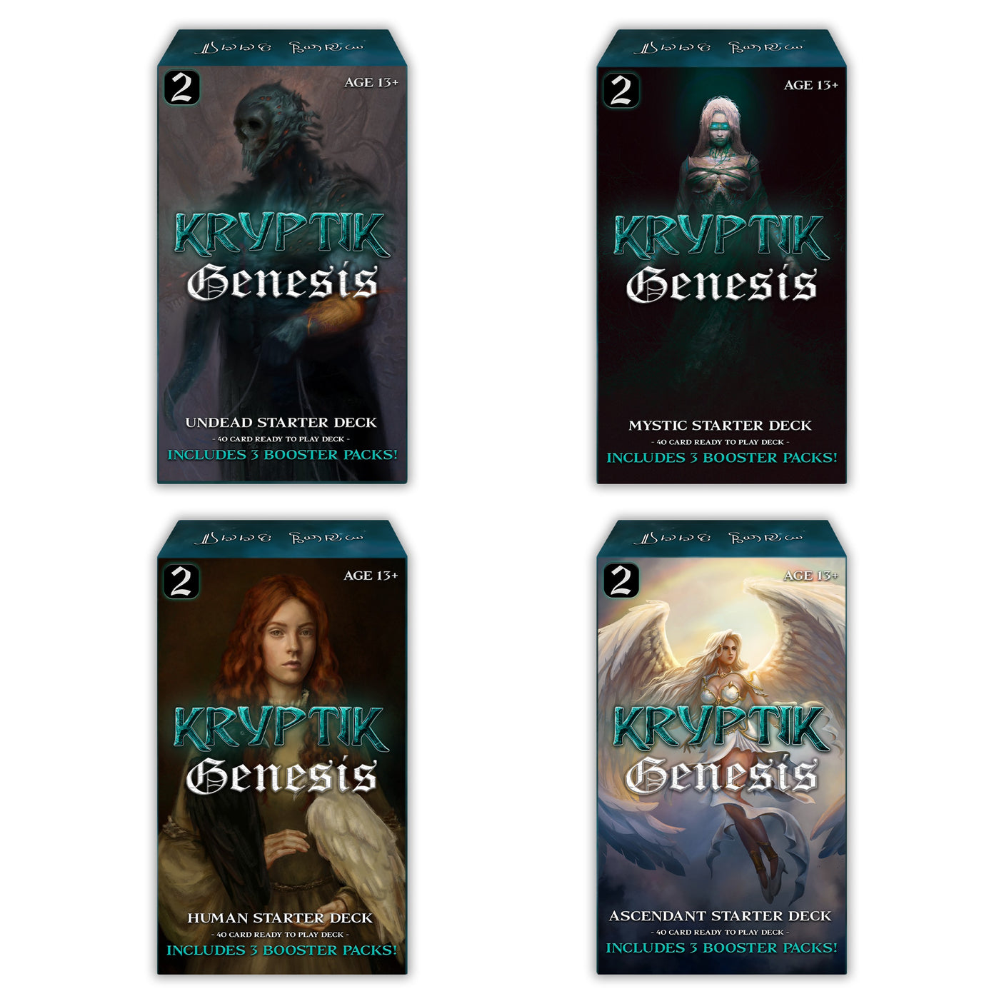 Kryptic TCG Genesis Starter Deck Display Wave 2, featuring colorful trading cards from the Kryptik TCG series.