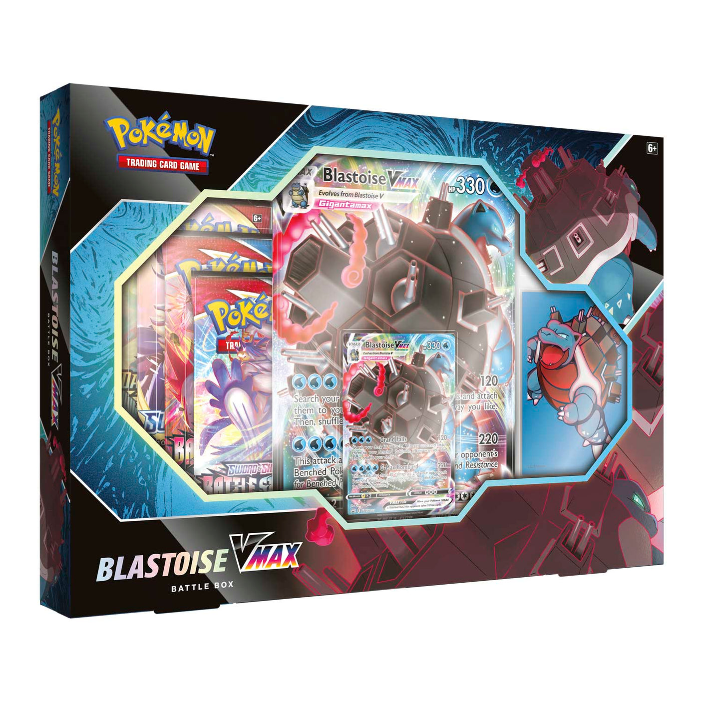 Pokemon Blastoise VMAX Battle Box with Pokémon cards and accessories, featuring vibrant Blastoise imagery and card collection.