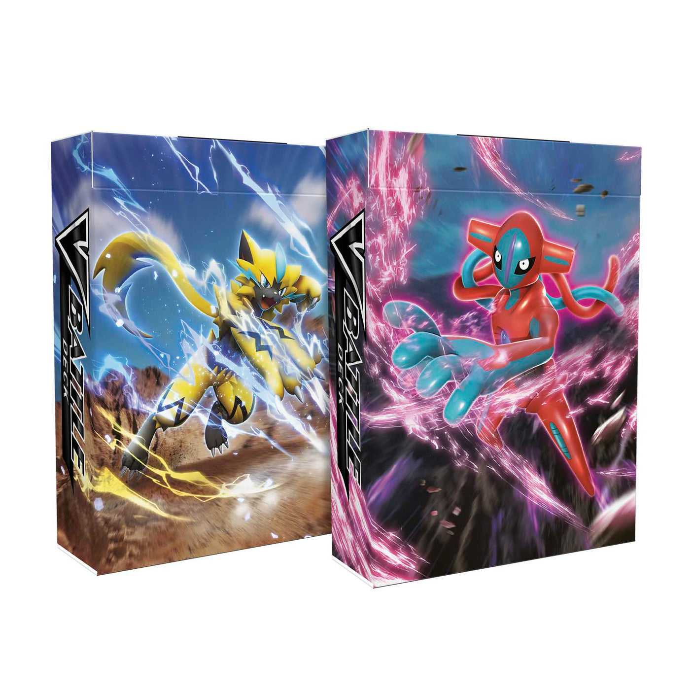 Pokémon TCG V Battle Deck featuring Zeraora and Deoxys cards from the Pokémon brand on a game deck.