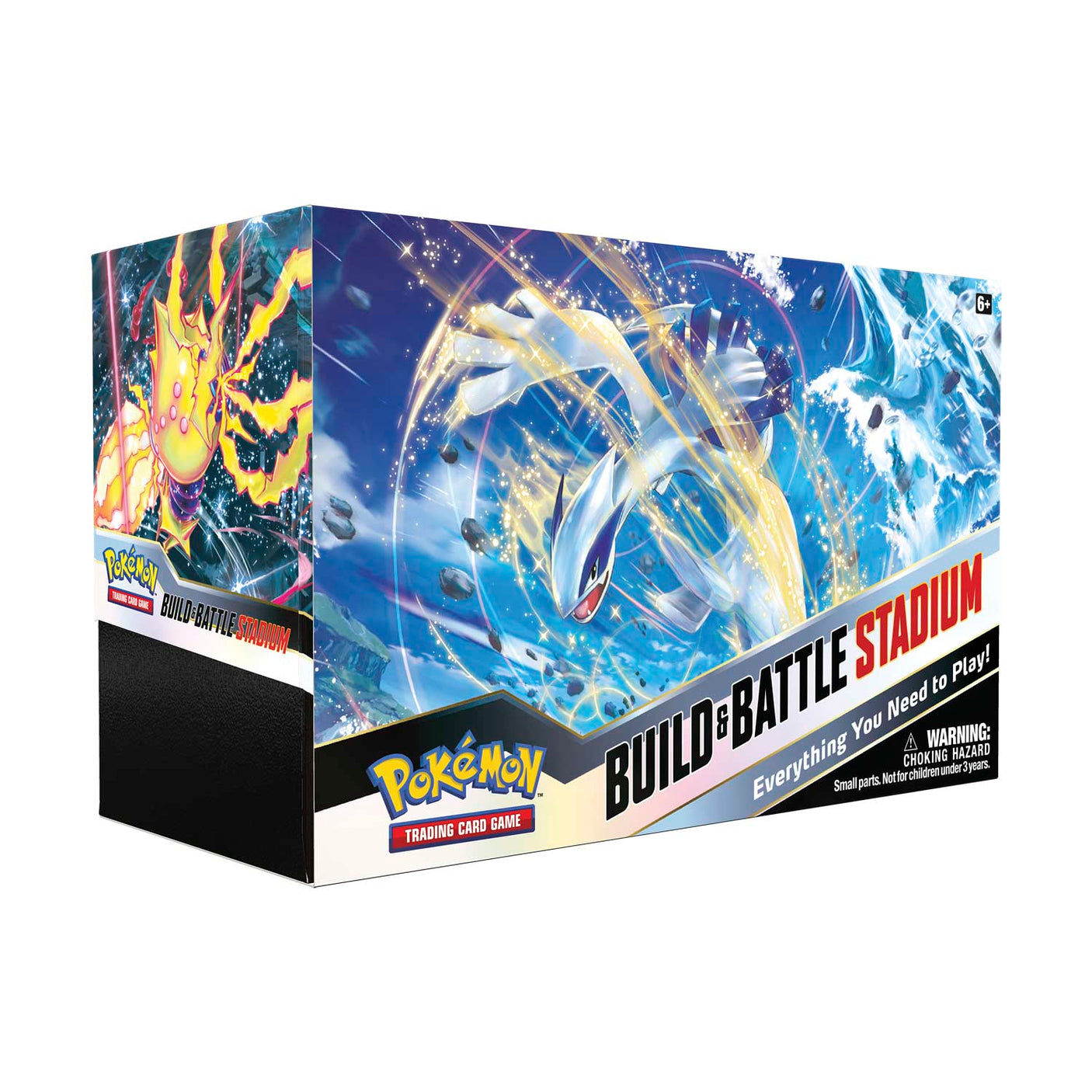 Pokémon TCG Silver Tempest Build & Battle Stadium box with booster packs, game cards, and accessories for Pokémon trading card game.