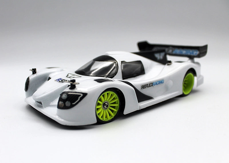 Reflex Racing RAD001 LMP3 1/28 scale RC car body made of Lexan for racing and hobby use.