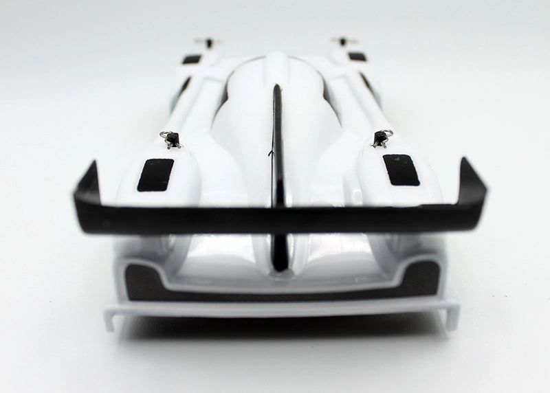 Reflex Racing RAD001 LMP3 1/28 scale Lexan RC car body with detailed aerodynamic design and clear material.