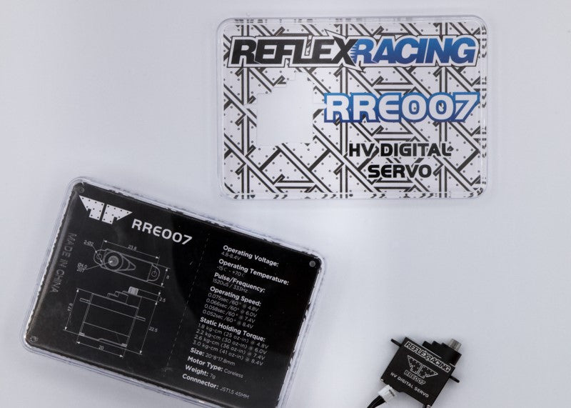 Reflex Racing RRE007 HV Mini Digital Servo for RC cars, showing compact high-voltage servo with mounting arms and connector.