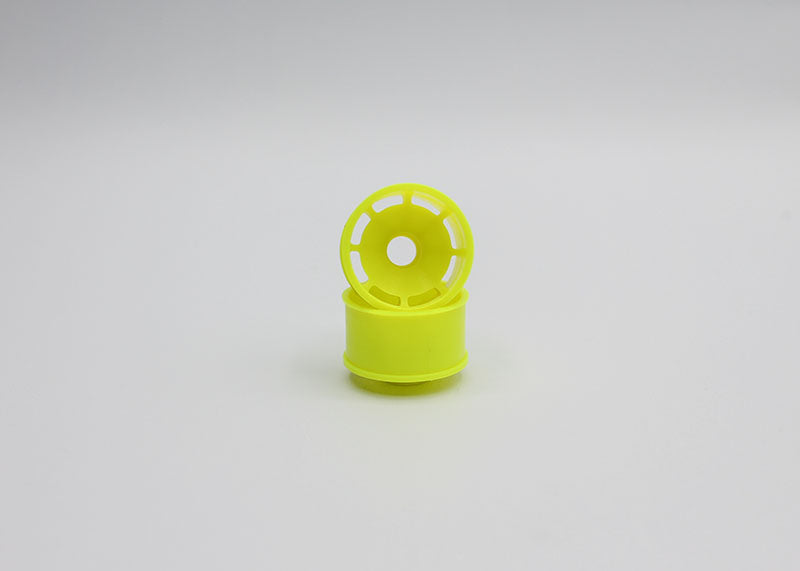 Reflex Racing RX600R3Y yellow speed dish rear wheel with +3 offset for RC car, showing close-up of the lightweight, aerodynamic design.