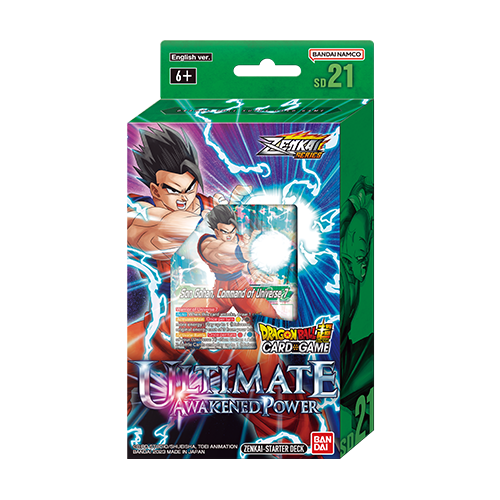 Bandai Dragon Ball Super Ultimate Awakened Power Starter Deck featuring colorful trading cards and dynamic character artwork.
